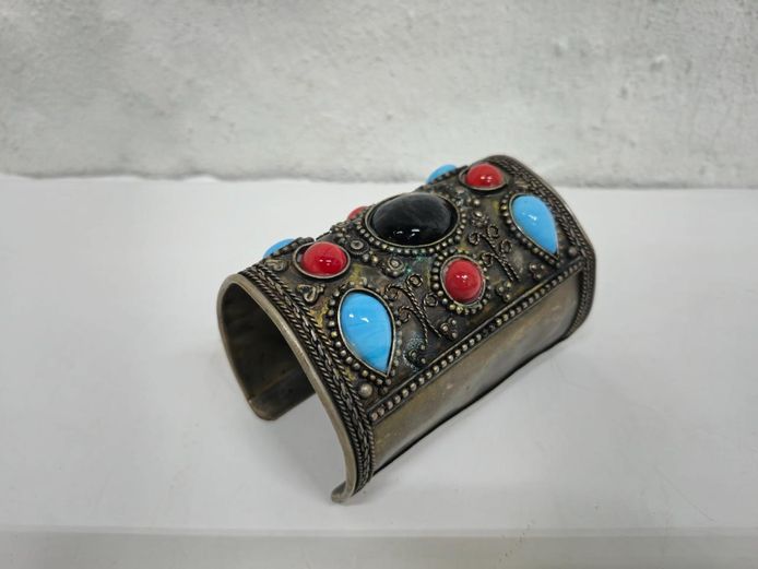 Tribal Style Metal Wide Cuff Bracelet with Faux Gemstones