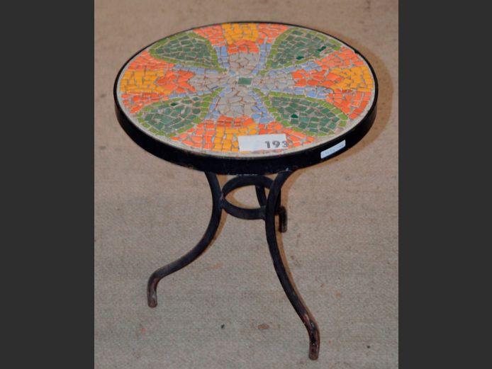 WROUGHT IRON MOSAIC TOP CIRCULAR SIDE TABLE, 42cm Diameter x 46cm High
