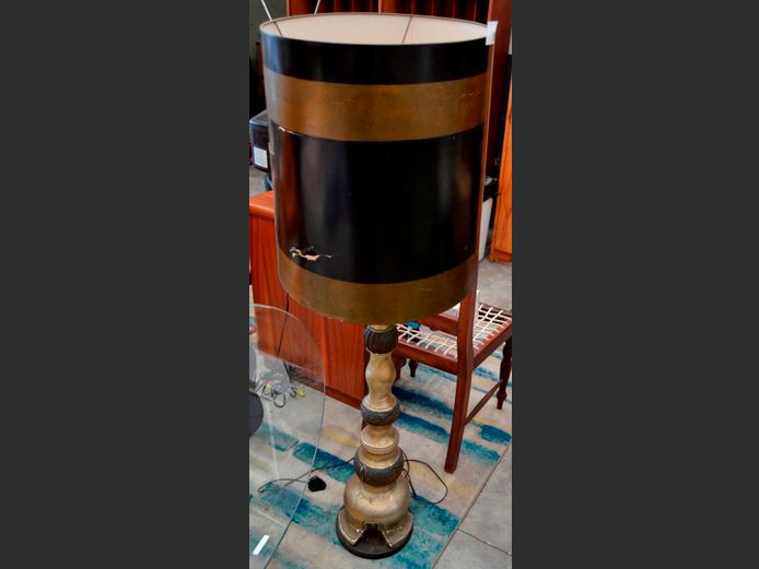 "GOLD" FLOOR LAMP WITH SHADE, 140cm High [Shade damaged, base cracked]