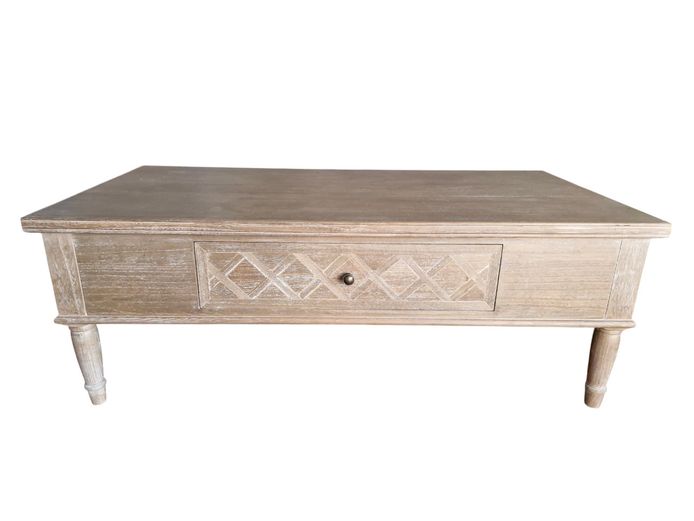 Vintage-Style Weathered Whitewash Coffee Table with Lattice Drawer