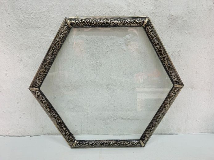 Vintage Hexagonal Silver-Tone Embossed Metal Framed Glass Tray