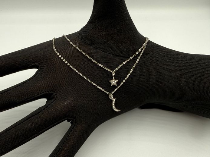 Pair of Celestial Rhinestone Pendant Necklaces – Moon & Star Design