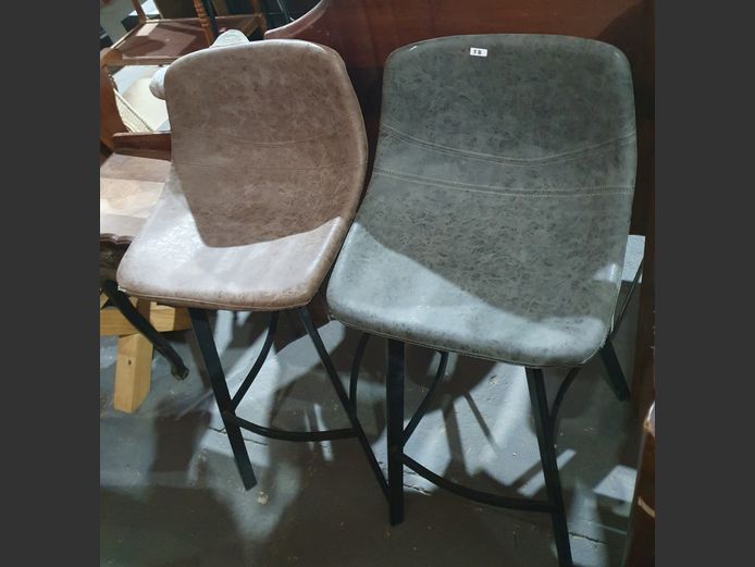 PAIR LEATHER TOUCH UPHOLSTERED & METAL BASE BAR CHAIRS