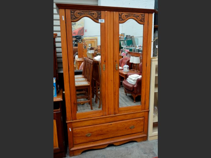 SATINWOOD 2-DOOR, SINGLE DRAWER MIRROR FRONT WARDROBE, 127 x 45 x 197cm