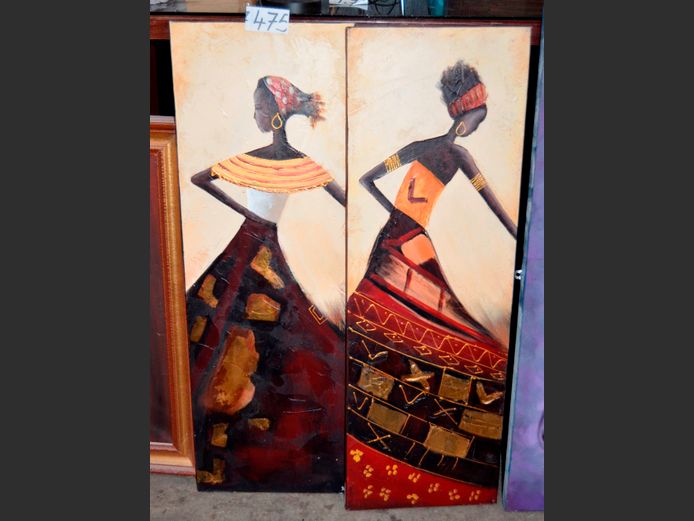 PAIR UNFRAMED OILS ON CANVAS "AFRICAN LADIES", 90 x 30cm
