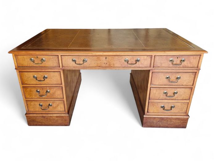 George III Style Banker's Pedestal Desk with Leather Inlay
