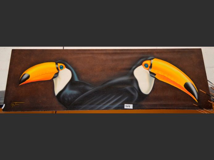 UNFRAMED OIL ON CANVAS "PAIR TOUCANS", 183 x 59cm