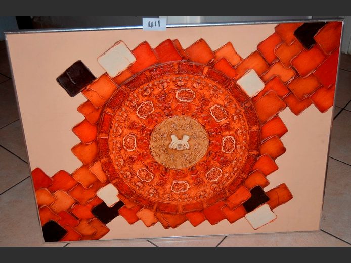 FRAMED OIL ON CANVAS MID-CENTURY MODERN MAYAN ABSTRACT, 101 x 75cm [39112-19]