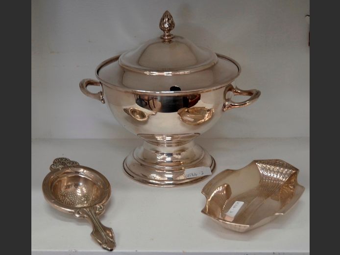 SILVER PLATE SOUP TUREEN, TEA STRAINER, etc