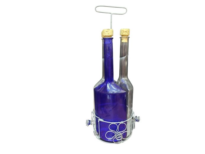 Cobalt Blue & Clear Glass Condiment Bottles in Wire Basket