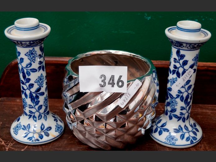 PAIR BLUE & WHITE CERAMIC CANDLESTICKS, 20cm High, & A SILVER PAINTED CERAMIC VASE, 14cm Diameter x 13cm High [4,10]