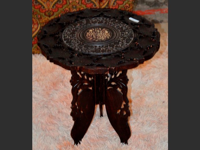INDIAN CARVED & INLAID SIDE TABLE, 44cm Diameter x 49cm High