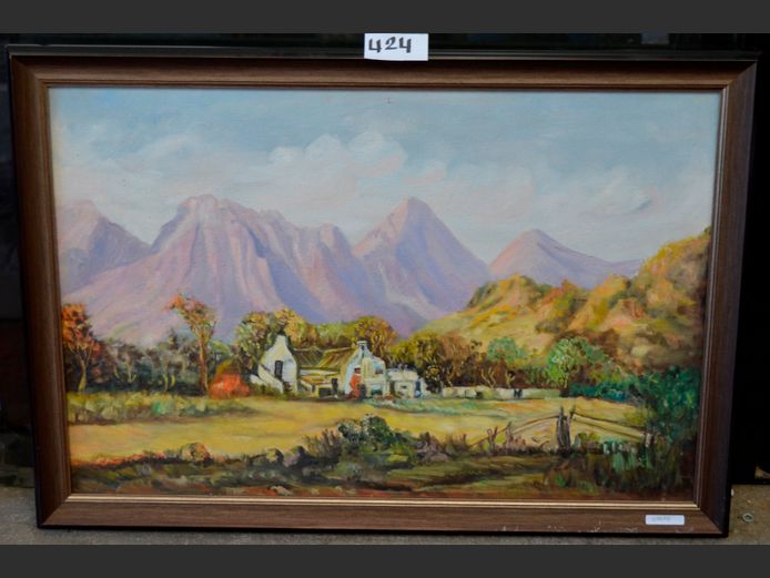 FRAMED OIL ON BOARD "FARM & MOUNTAIN SCENE", 75 x 49.5cm