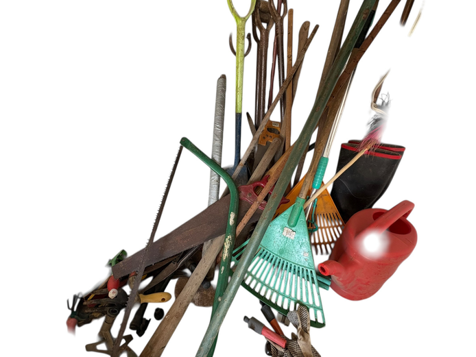 Massive lot of garden tools and crate full of wheels