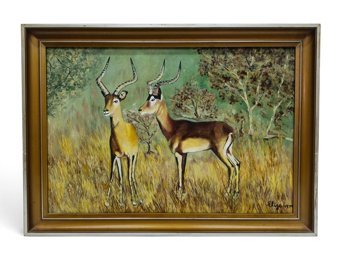 Elize (1979) – Vigilant Impalas in the Bushveld, Framed Oil on Board