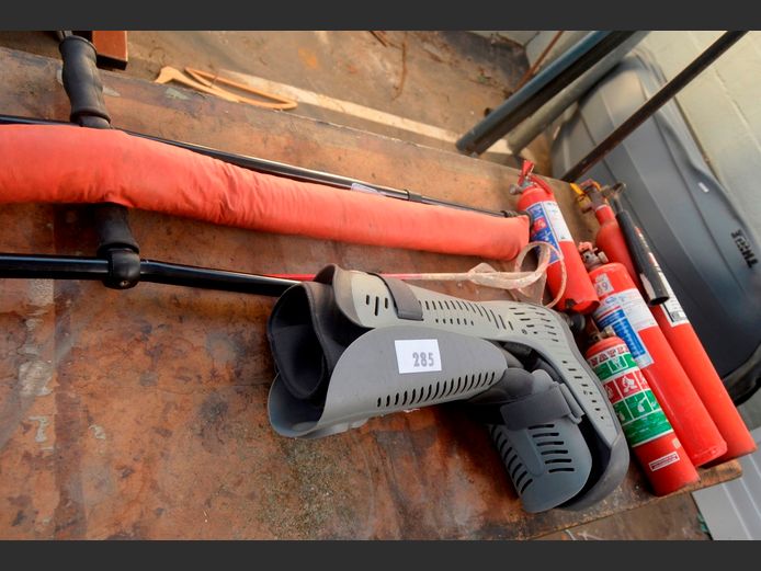 FIRE EXTINGUISHERS, MOON BOOT, CRUTCHES, etc [Condition of extinguishers unknown]