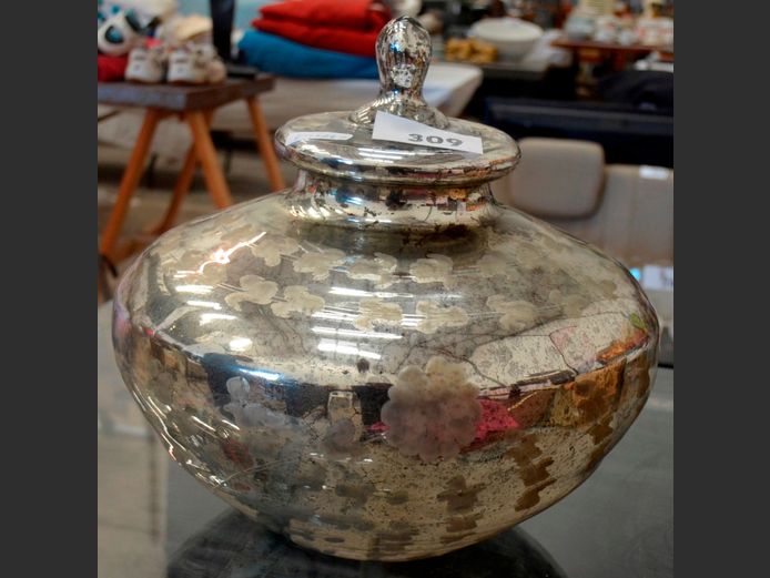 ANTIQUE LOOK MIRRORED URN WITH LID,  40cm Diameter x 35cm High