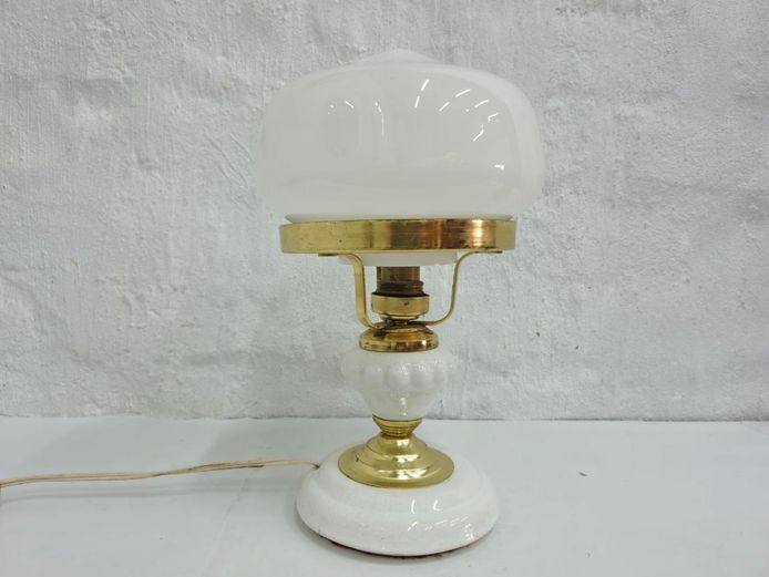 Vintage Ceramic & Brass Plated Lamp With White Glass Shade