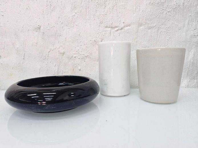 Ceramic Lot - Black Ikebana Bowl & White Vases/Planters