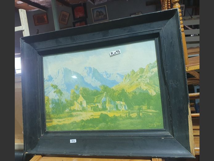 FRAMED PRINT "FARM HOUSE" SIGNED TINUS DE JONGH, 45 x 30cm