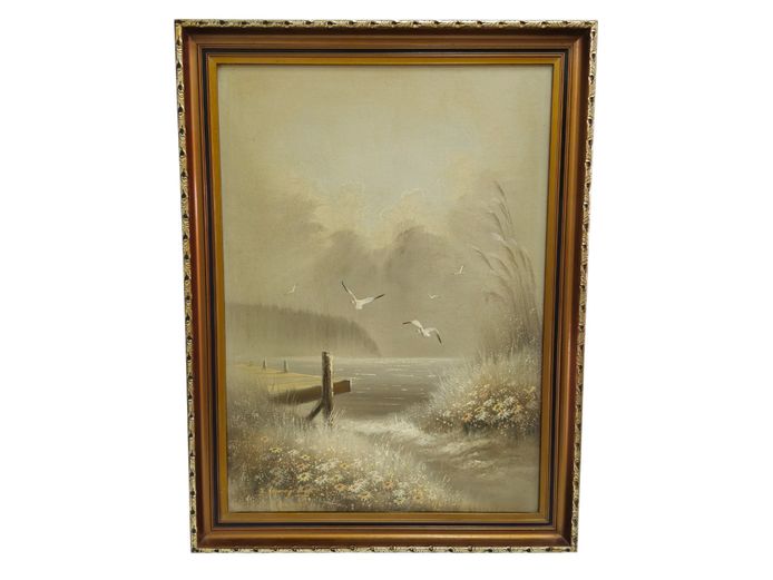 Coastal Pier and Seagulls Landscape Oil Painting