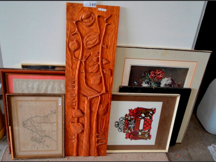 CARVED WALL ART & ASSORTED FRAMED PRINTS