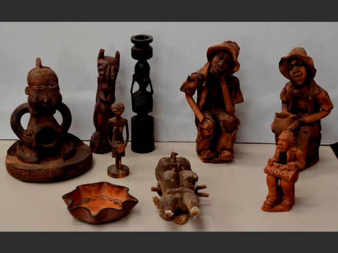 PAIR POTTERY AFRICAN FIGURINES, CARVED CANDLE STANDS, etc