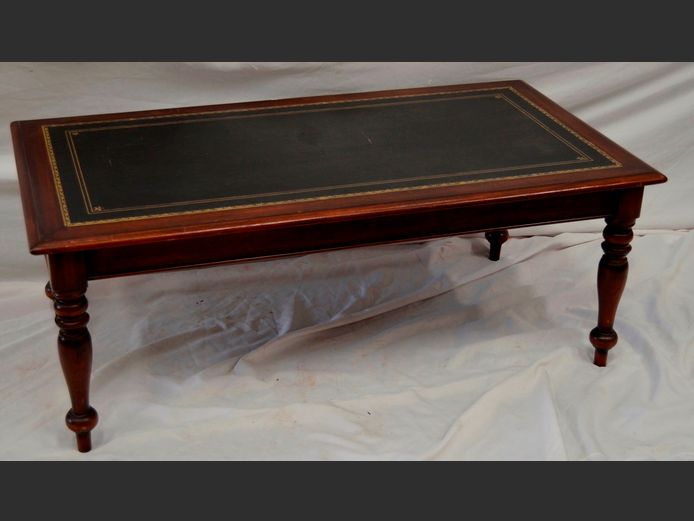 MAHOGANY LEATHER INLAID COFFEE TABLE, 130 x 70 x 49cm