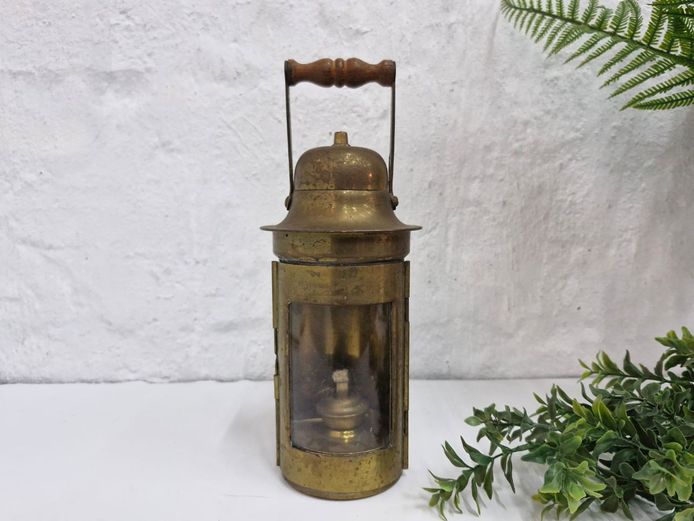 Vintage Brass Oil Lamp Lantern with Wooden Handle