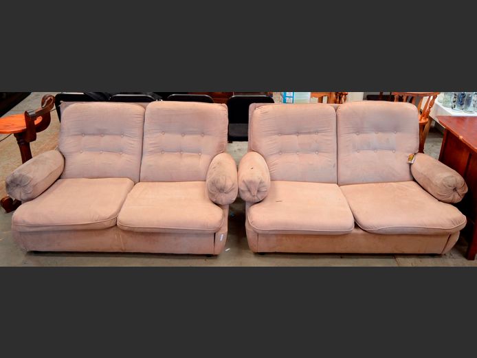 PAIR BEIGE UPHOLSTERED 2-SEATER COUCHES [Needs a clean]