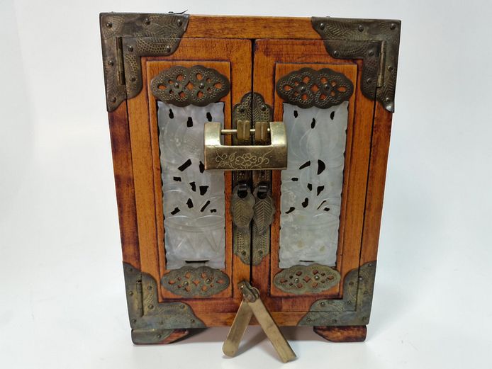 1950s Chinese Rosewood & Jade Jewelry Chest with Brass Fittings