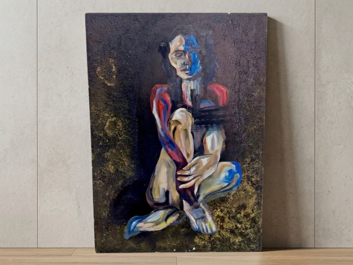 Expressionist Seated Nude Figural Oil Painting on Canvas