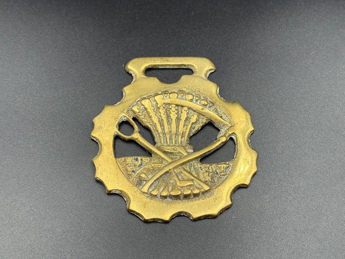 Vintage Brass Horse Harness Medallion – Agricultural Wheat Sheaf & Crossed Tools Design