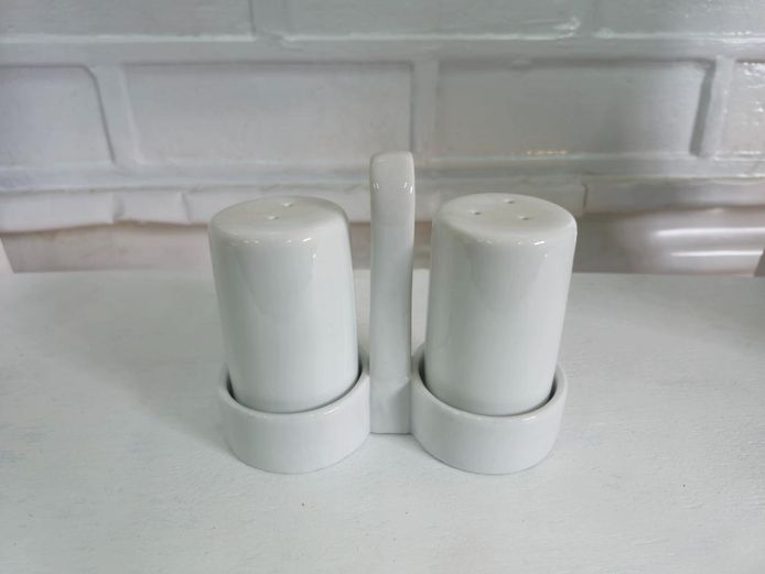White Ceramic Salt and Pepper Shaker Set with Caddy