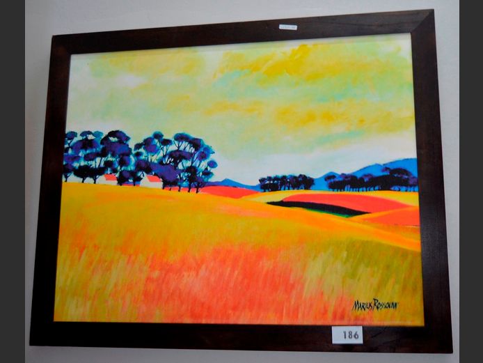 DARKWOOD FRAMED WATERCOLOUR ON CANVAS "FARMLAND" SIGNED MANUS ROSSOUW, 91.5 x 74cm