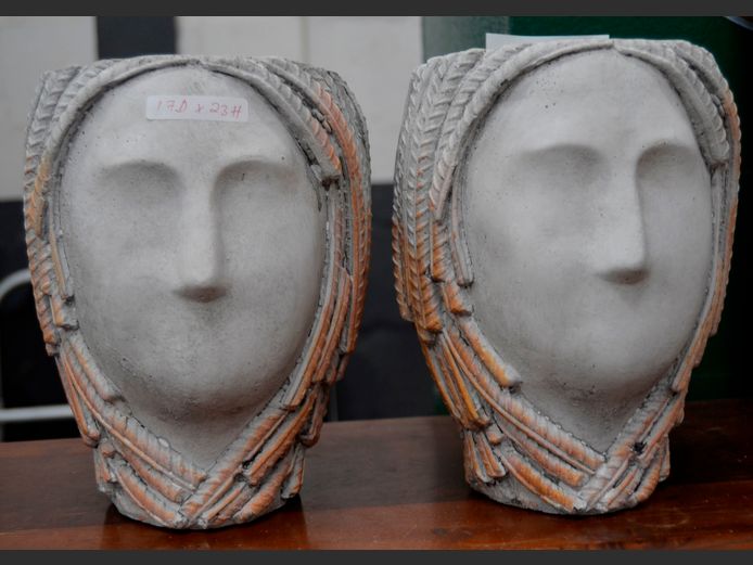 PAIR CONCRETE "ELEGANT LADY" PLANTERS, 17cm Diameter x 23cm High