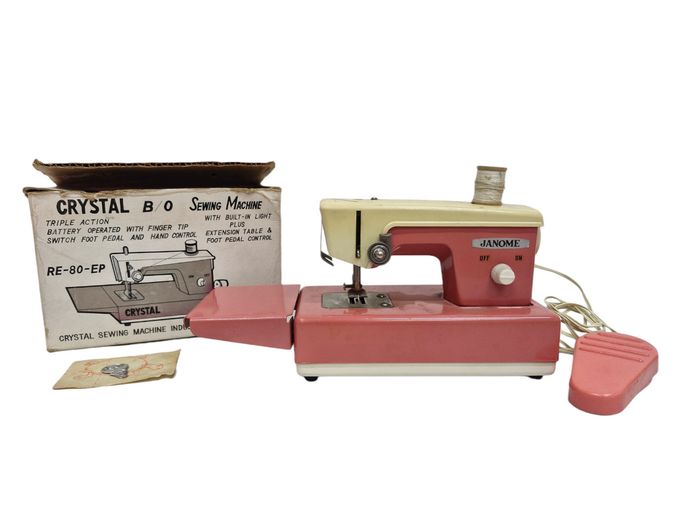 1970s Janome / Crystal Battery-Operated Tinplate Toy Sewing Machine in Original Box