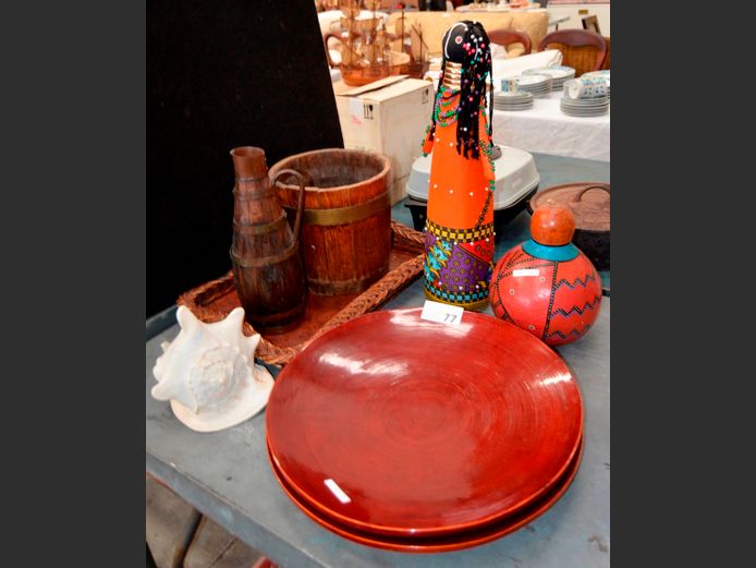 BRASS BOUND LOG HOLDER, JUG, RED BAMBOO PLATTERS, CALABASH, etc [22,30,38]