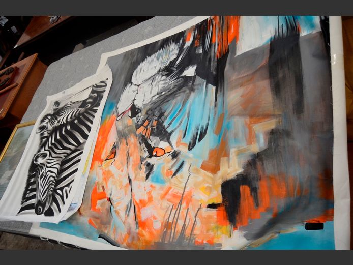 ABSTRACT OIL ON CANVAS "LION" & ZEBRA OIL ON CANVAS, etc