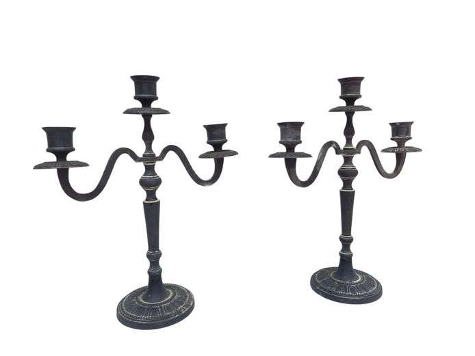 Pair of Neo-Gothic Style Three-Light Candelabra in Patinated Cast Metal