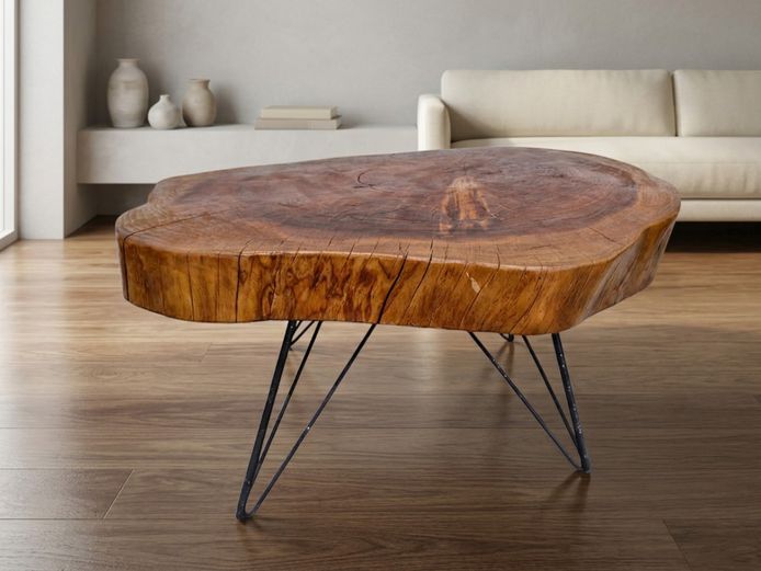Rustic Solid Tree Slice Live Edge Coffee Table on Hairpin Legs