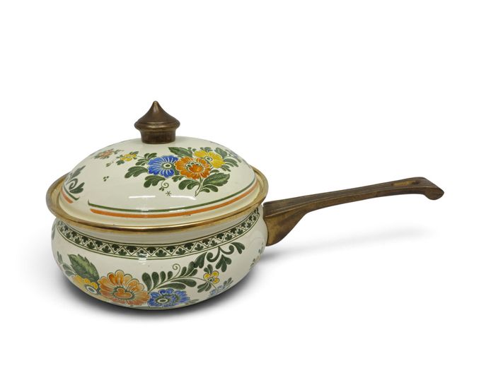 1970's ASTA German Enamelware Saucepan with 24K Gold-Plated Rim & Brass Handle