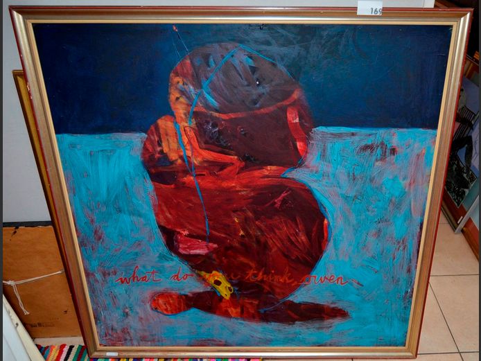 LARGE FRAMED MIXED MEDIA "WHAT DO YOU THINK OWEN", 121 x 121cm