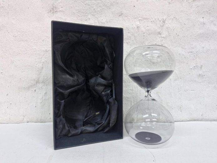 Large Decorative Clear Glass Hourglass Timer with Black Sand & Box