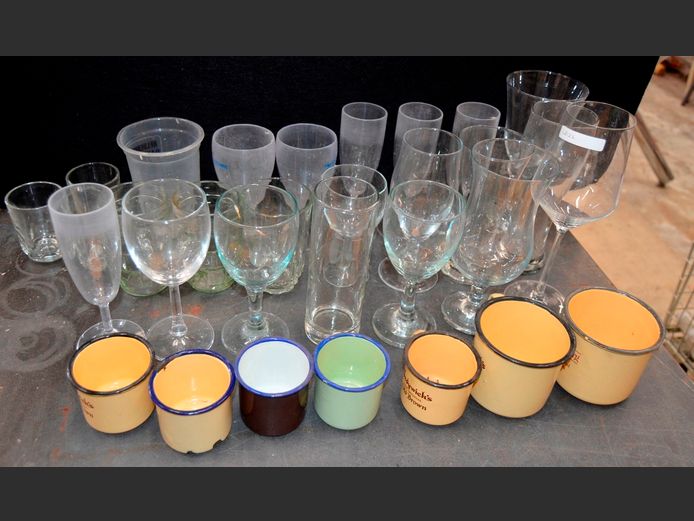 ASSORTED DRINKING GLASSES, ENAMEL MUGS, etc