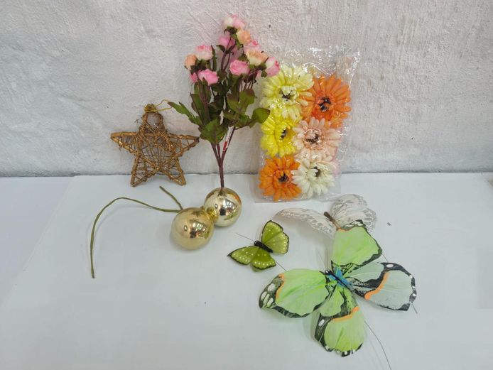 Floral & Craft Lot: Faux Flowers, Butterflies, Ornaments & Star