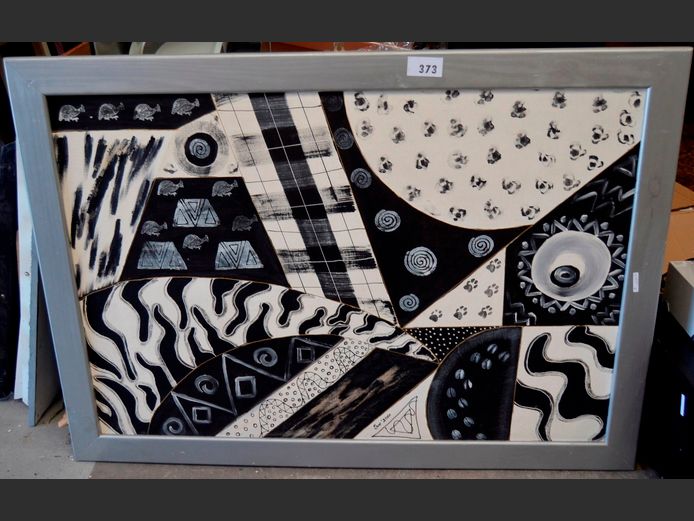 FRAMED BLACK & WHITE ARTWORK BY SUE, 122 x 83cm