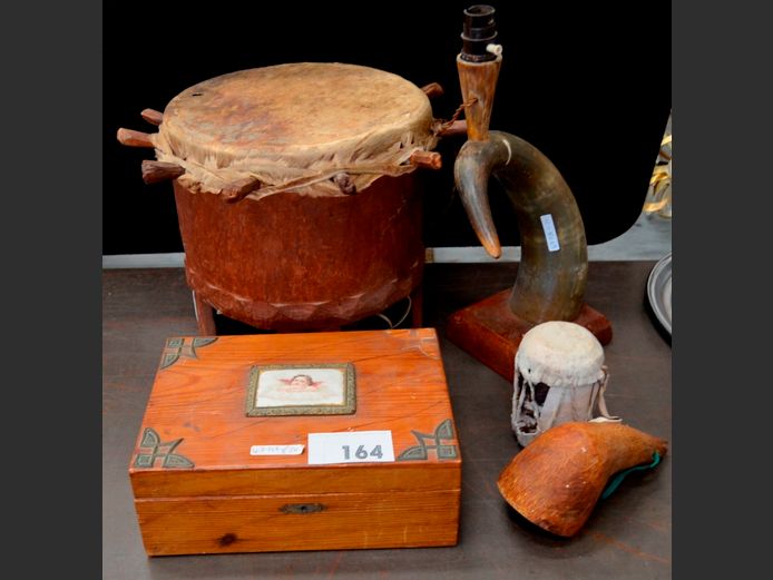 BONGO DRUM, JEWELLERY BOX, HORN LAMP, etc