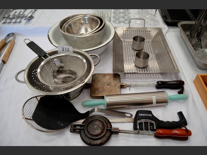ENAMEL MIXING BOWL, JAFFLE IRON, STAINLESS STEEL COLANDER, ROLLING PIN, etc
