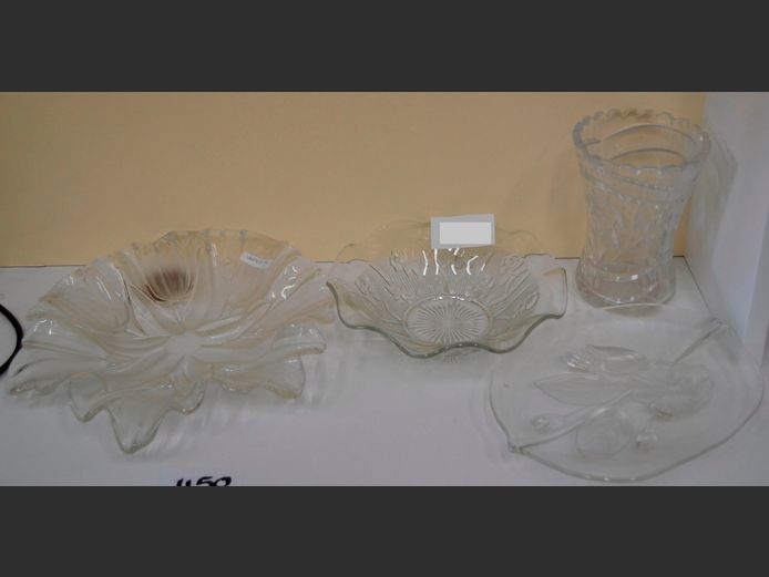 EMBOSSED GLASS BOWLS, CRYSTAL VASE [Chip to lip], etc
